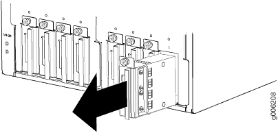 Modular electronic system with multiple slots; one module highlighted for removal, showing connectors. Industrial automation context.