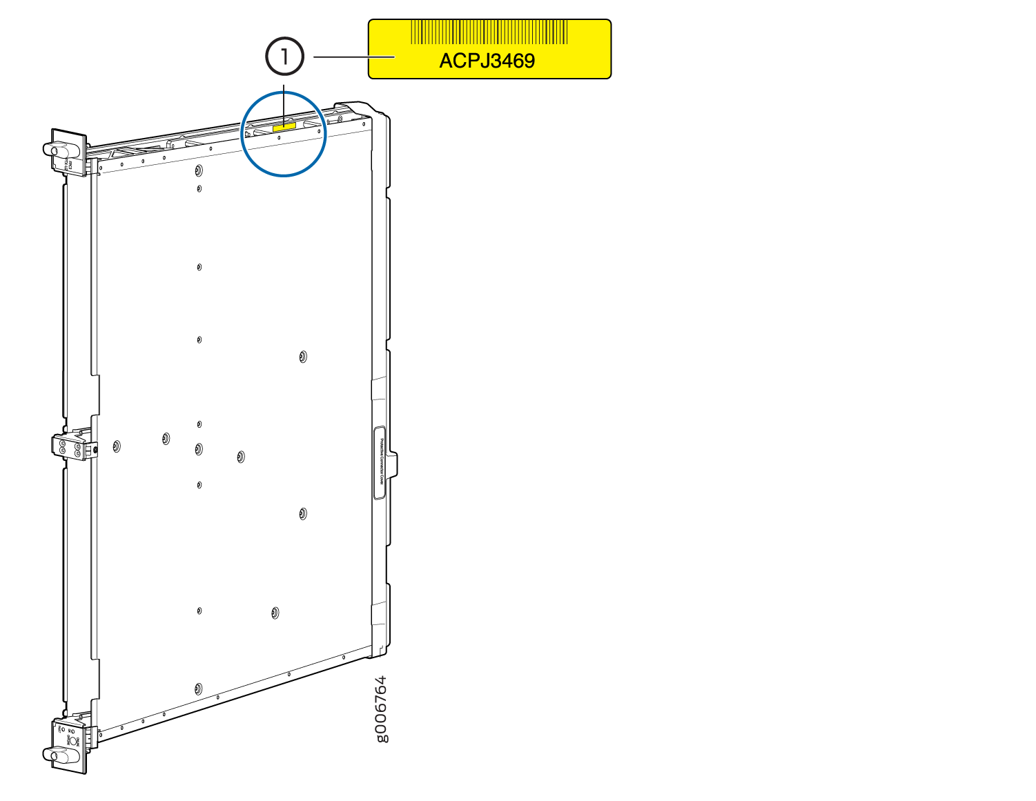 Technical illustration of a server blade with a highlighted yellow label marked ACPJ3469 for identification.