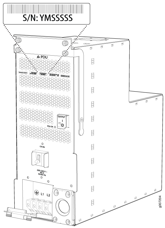 Technical illustration of a Power Distribution Unit with serial number, ventilation grilles, output switch, power input specifications, terminal block, and mounting brackets.
