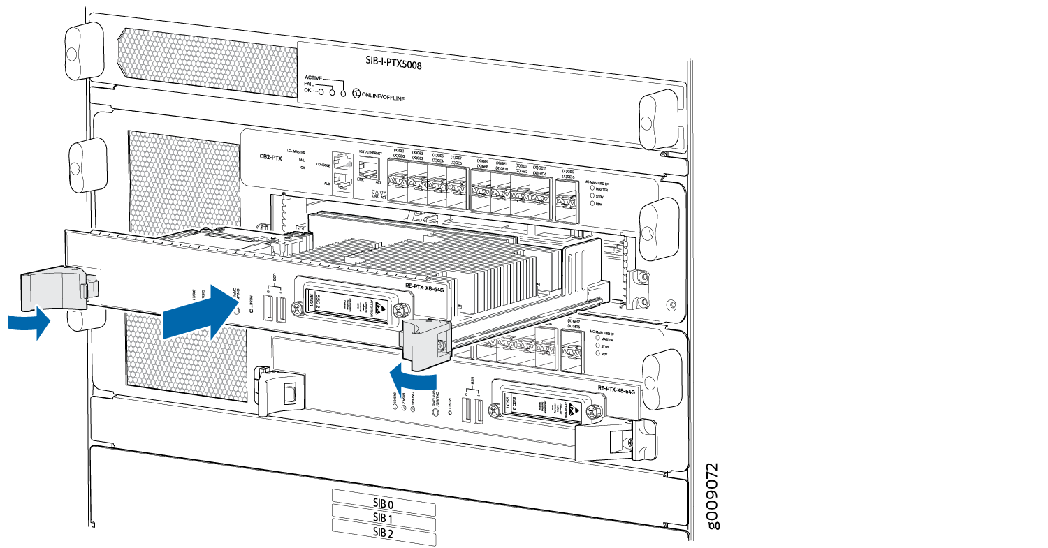 Juniper Networks PTX5000 router diagram showing Routing Engine module insertion or removal with blue directional arrows.