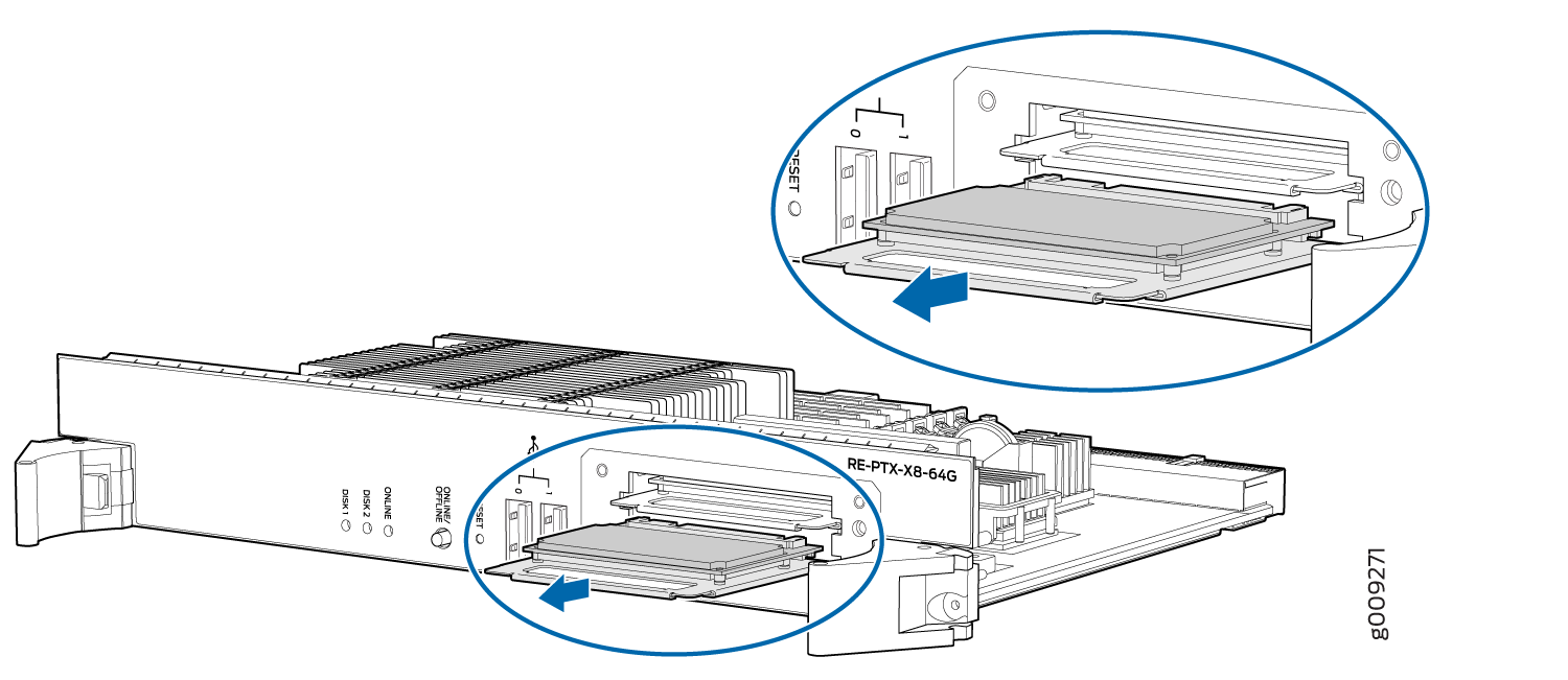 Installing or removing SSD module from network device slot with labels RE-PTX-X8-64G and status indicators ONLINE and DISK.