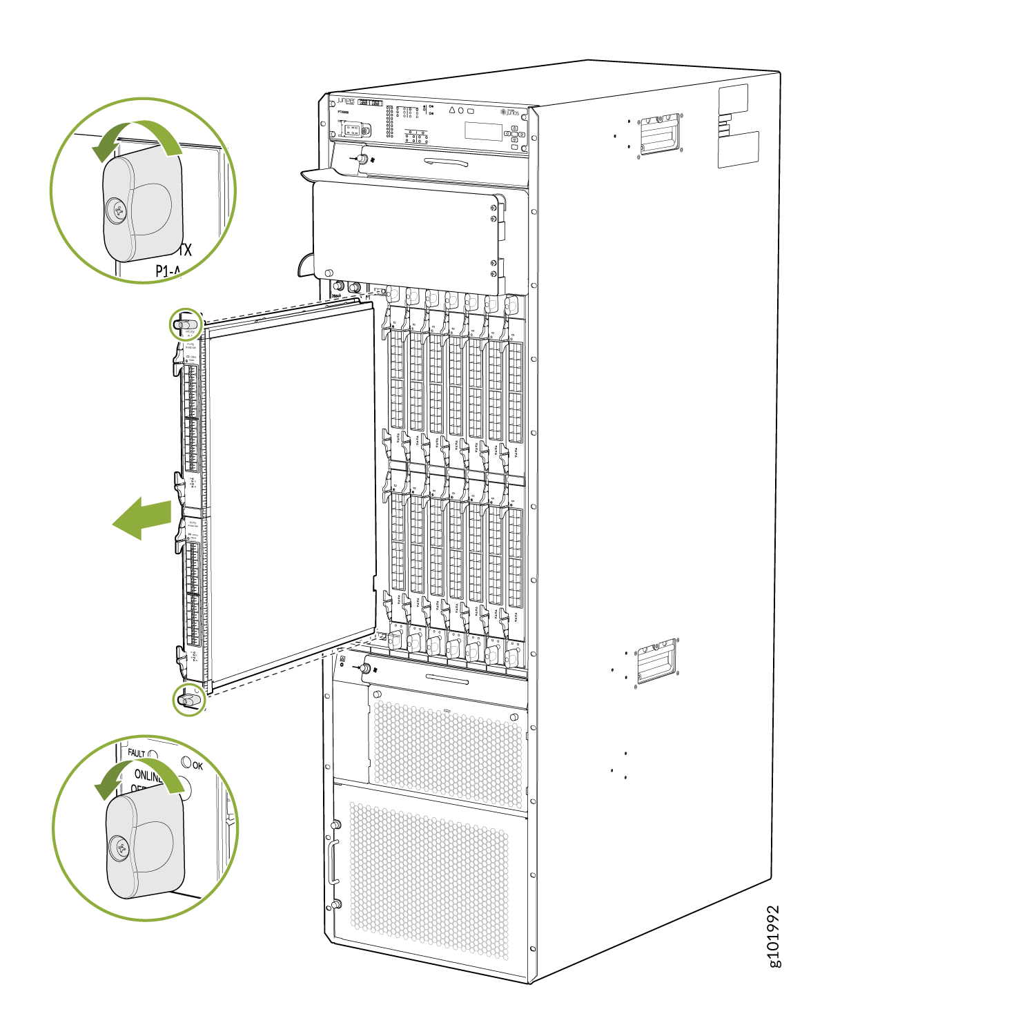 Technical illustration of a server rack front view with a panel being removed. Insets show locking mechanism details.