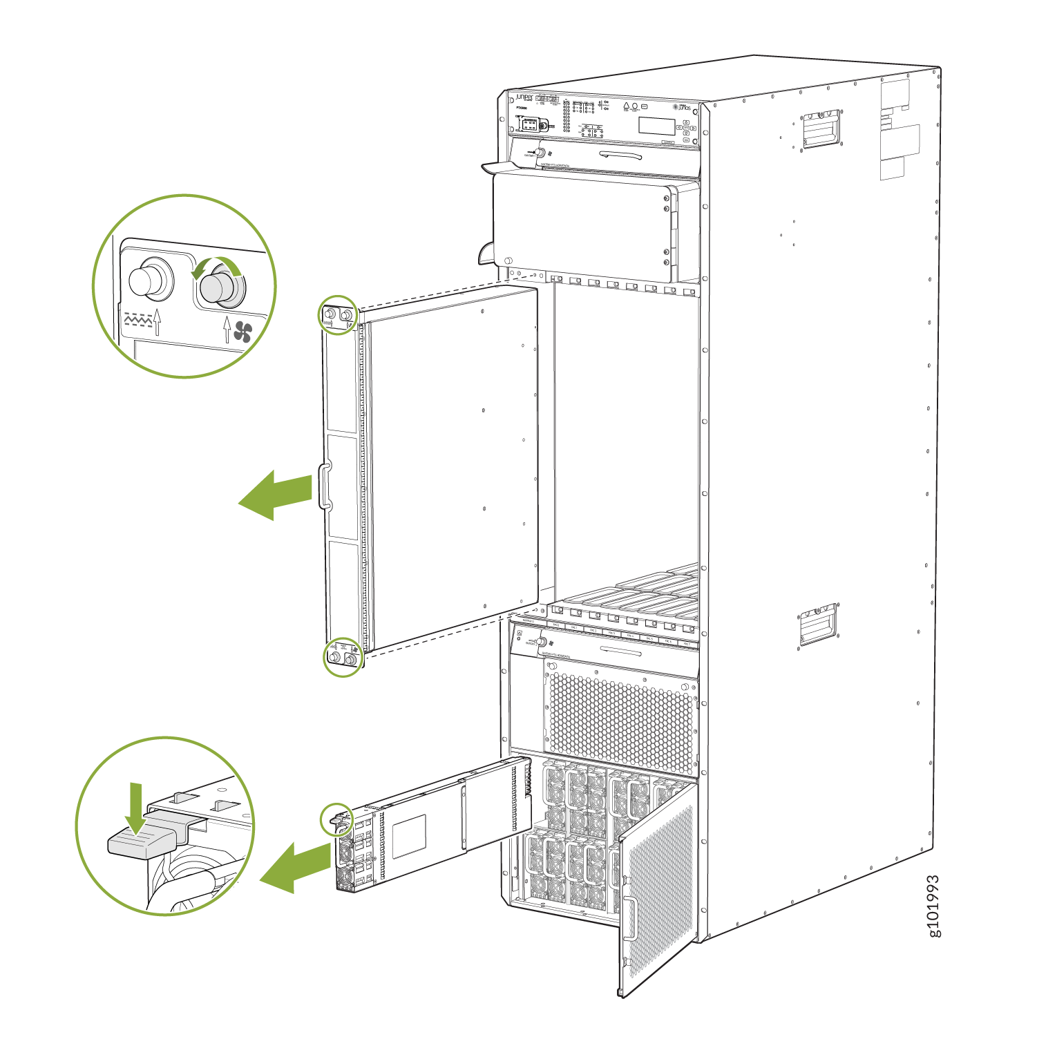 Technical illustration of a server rack showing how to access components with green arrows indicating steps to open removable panels.