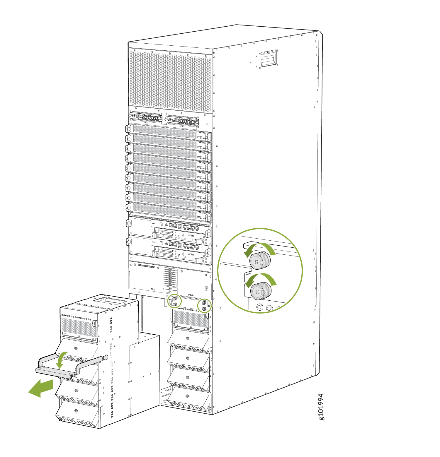Server rack illustration with modular components like server blades and power supplies. Green arrow shows component insertion or removal for maintenance.