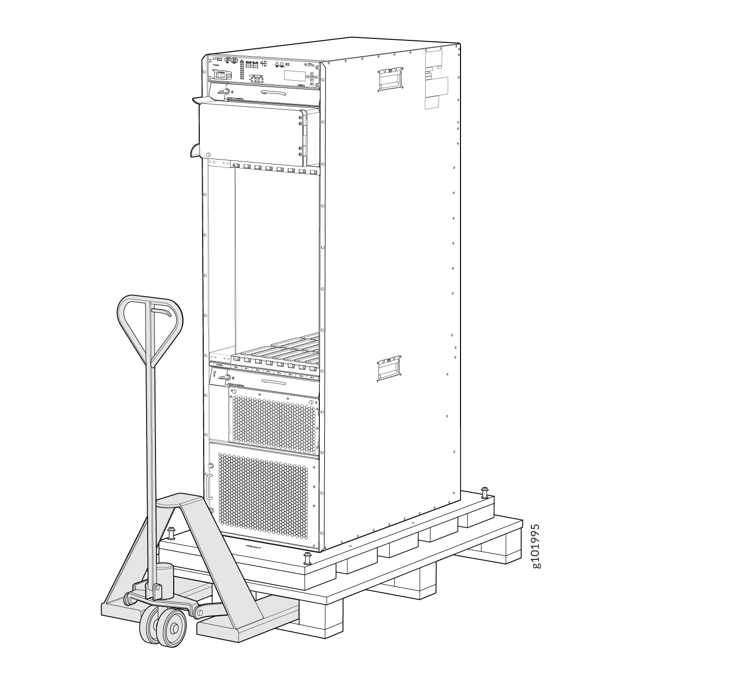 Technical drawing of a server rack on a wooden pallet with a pallet jack in front, indicating preparation for transport.