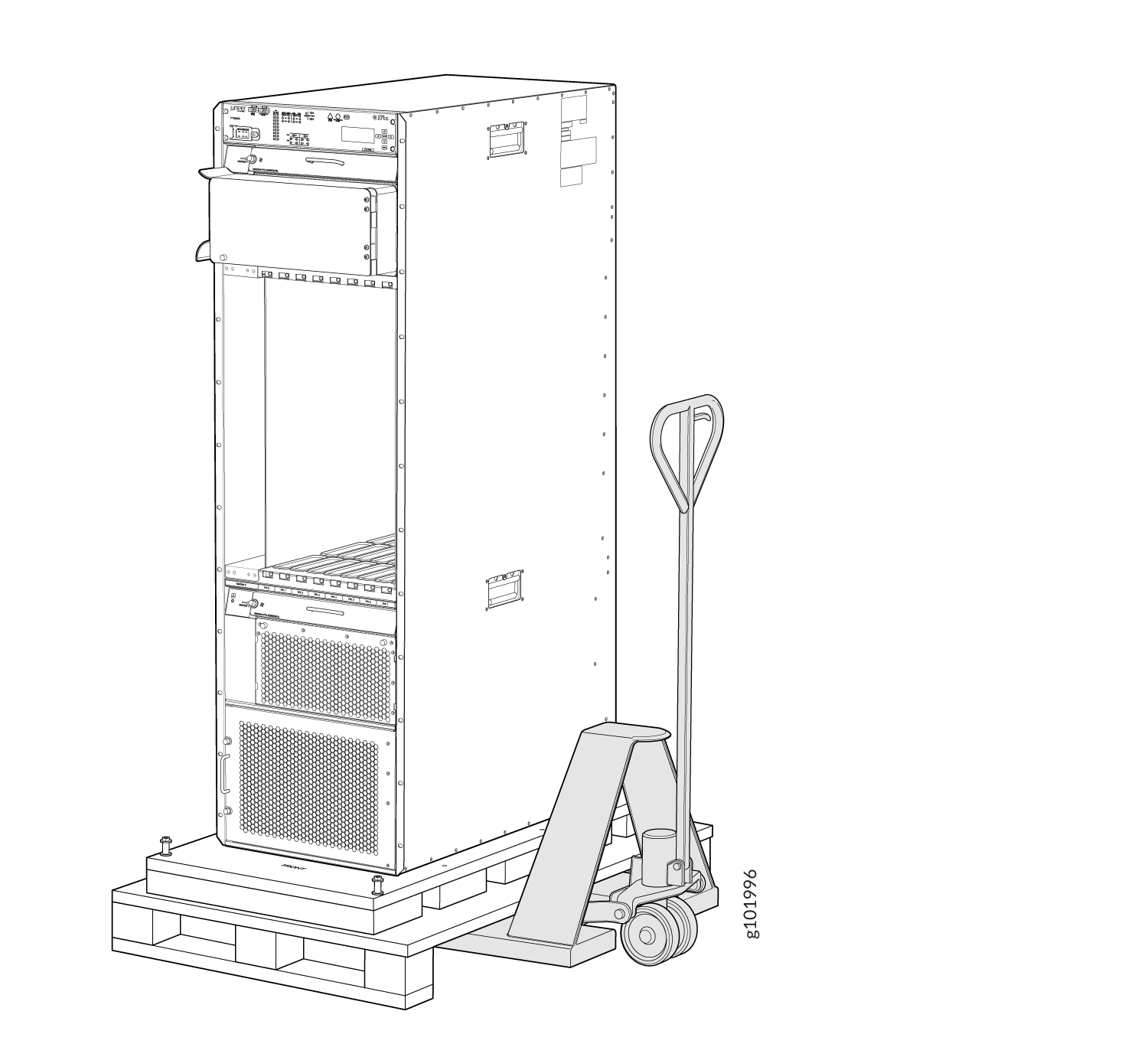 Server rack on a pallet jack with components and empty slots, used for transporting IT equipment in data centers.