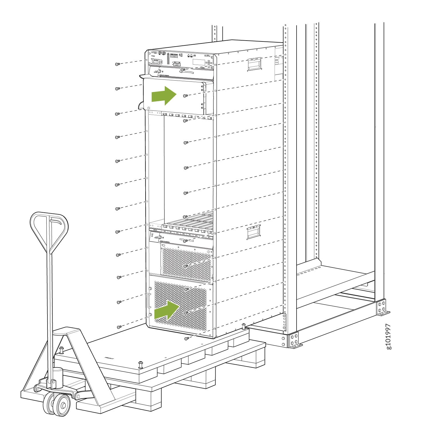 Technical illustration of a server rack on a pallet with a pallet jack, showing components being inserted or removed with green arrows.