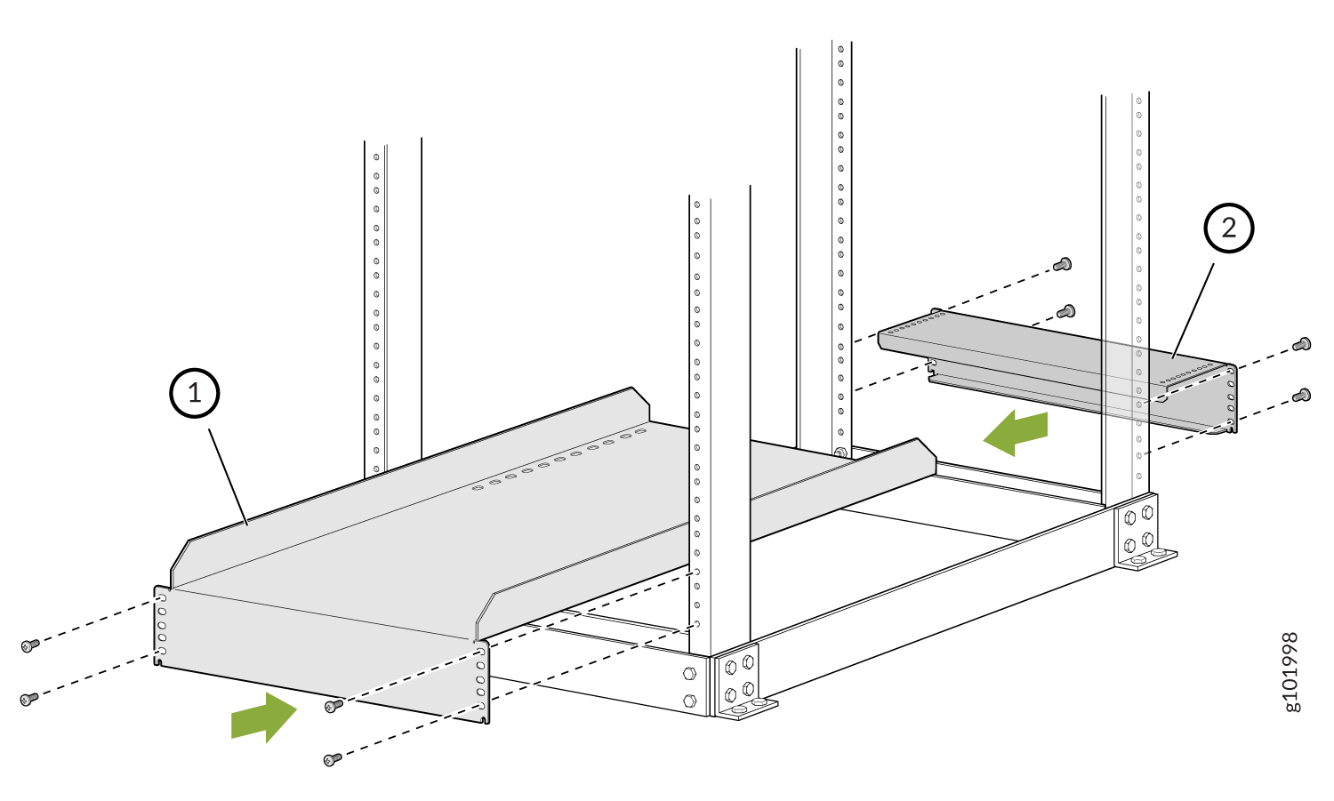 Assembly diagram for shelving unit showing attachment of components 1 and 2 as support beams to frame with arrows indicating screw directions.