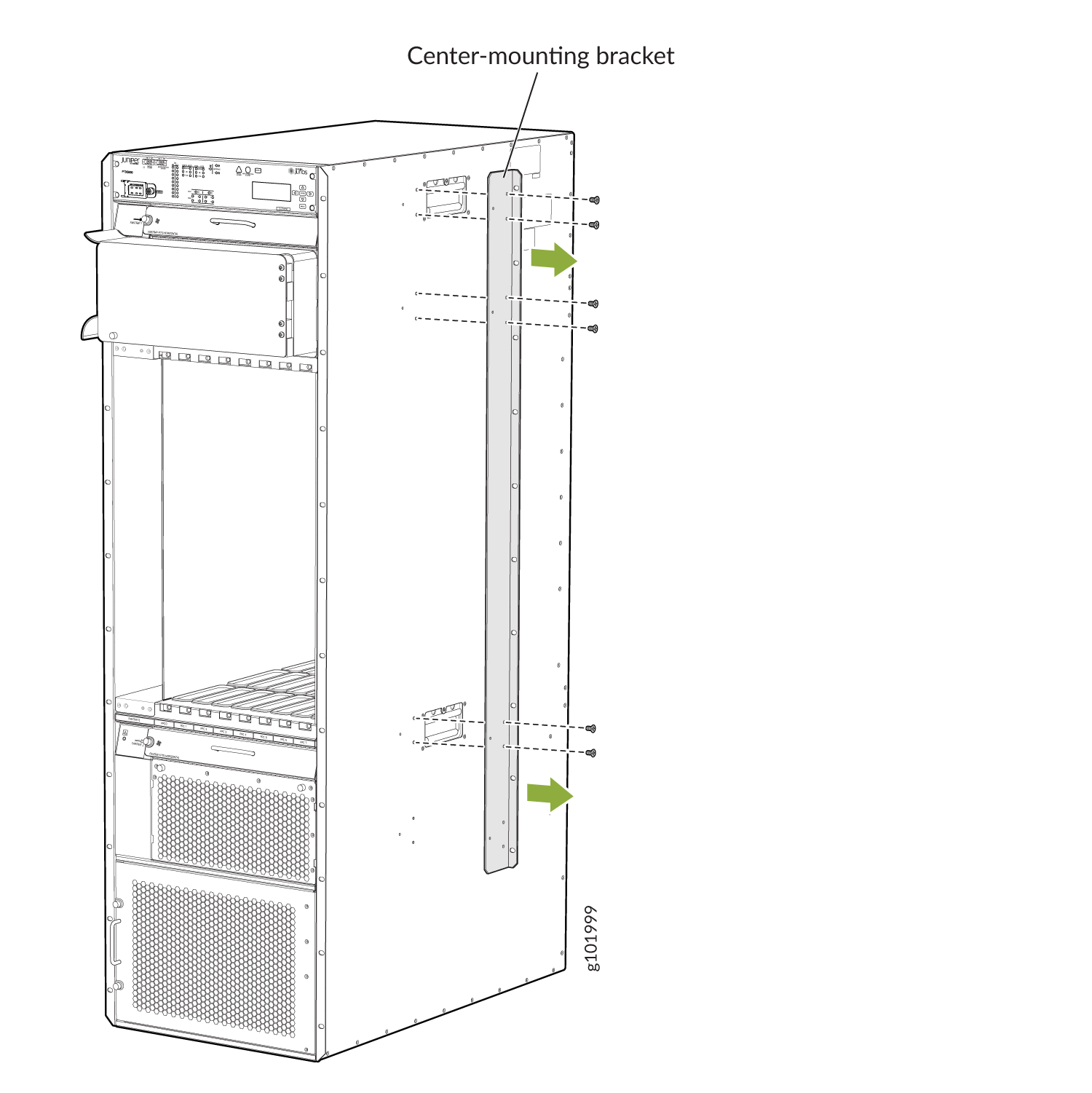 Center-mounting bracket installation on server rack with arrows indicating screw hole locations for securing the bracket.