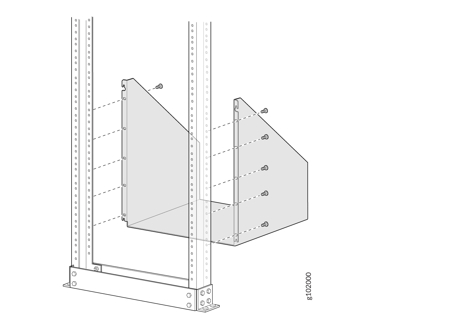 Technical drawing of a shelving component with two vertical frames, a base plate, and angled panels attached with screws.