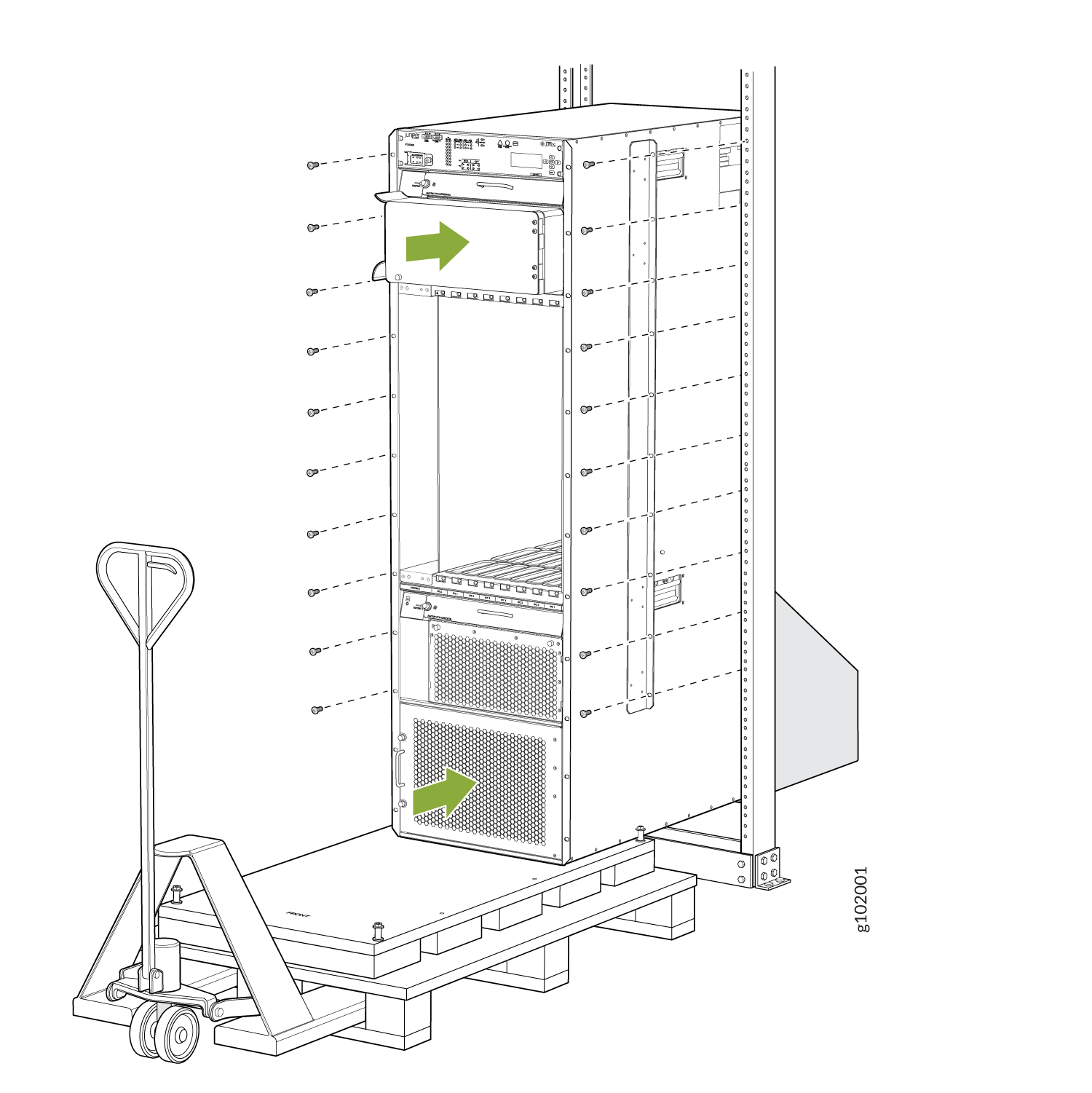 Technical illustration of a server rack on a pallet, moved by a pallet jack, with green arrows highlighting key components.