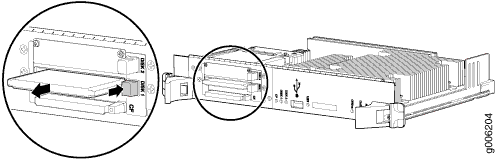 Diagram showing a computer network module with a card being inserted or removed; arrows indicate movement direction.