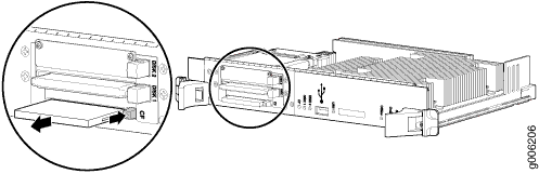 Close-up of a server module being inserted into a device, highlighting the connection interface, heat sinks, and ports.