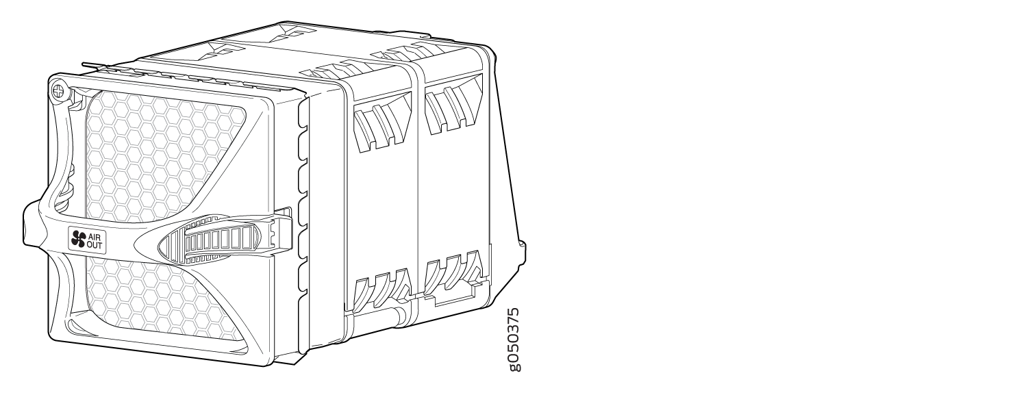 Technical drawing of a modular component with a honeycomb vent labeled AIR OUT for cooling. Includes latches and model identifier g050375.