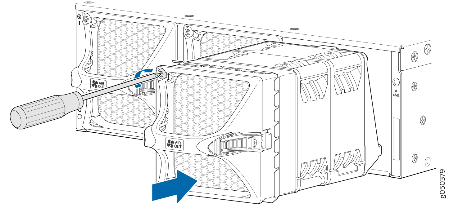 Technical illustration of a server component showing fan module removal with AIR OUT label, screwdriver, and arrow indicating pull direction.
