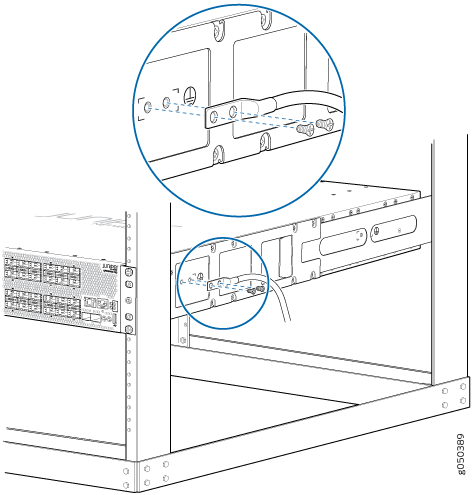 Technical illustration of installing a server into a rack with zoomed-in detail on attachment points and cable connections.