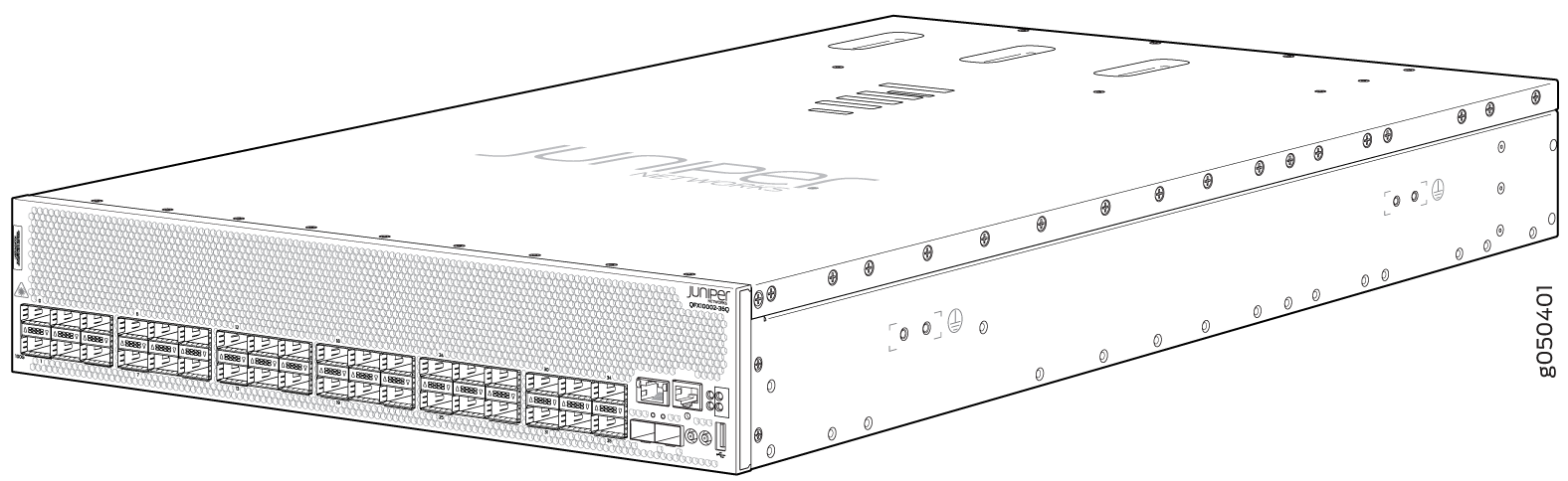 Juniper Networks QFX10000-30C switch with multiple high-speed ports for fiber optic and Ethernet connections.