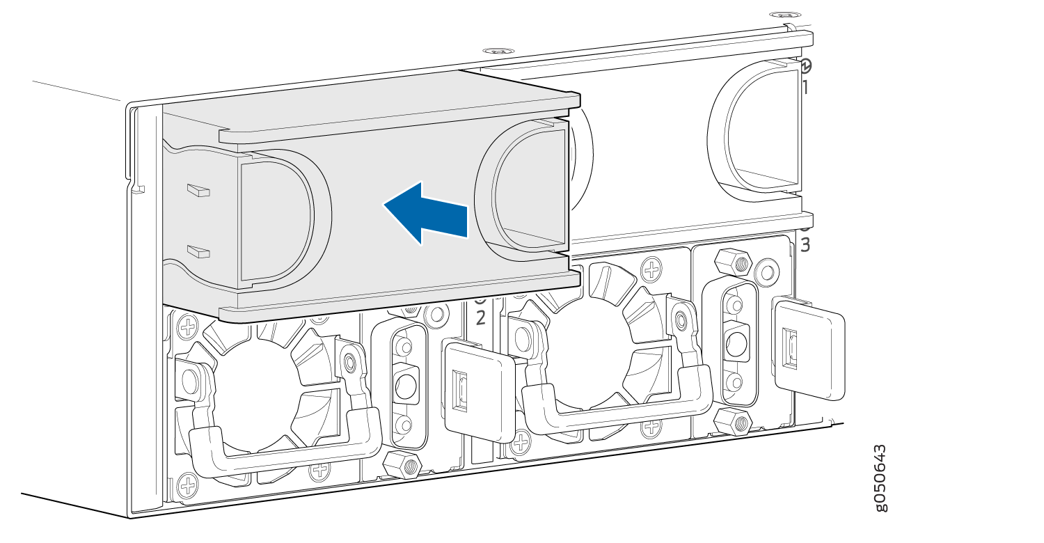 Technical illustration showing a module being inserted or removed from an assembly with a blue arrow indicating movement direction.