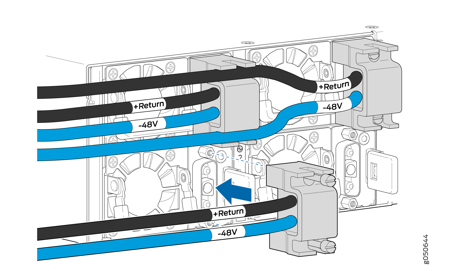 Technical diagram of power connection setup for telecom equipment showing black cables labeled +Return and blue cables labeled -48V. Includes connectors, fans, and mounting hardware with a blue arrow indicating a specific connection step.