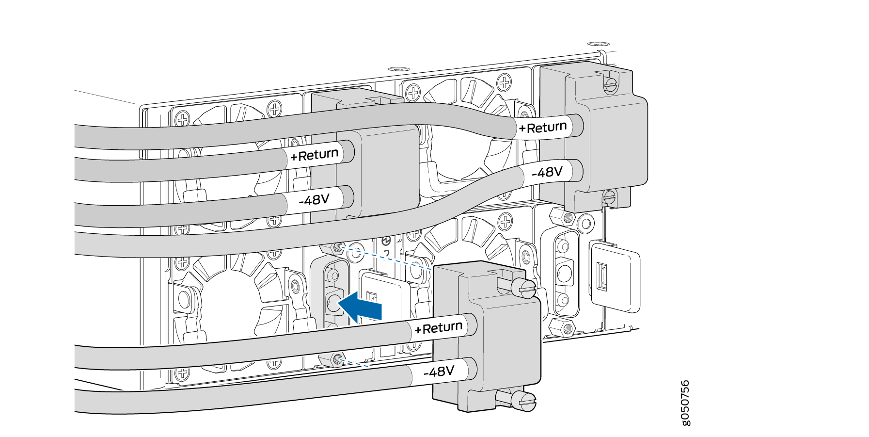 Rear view of a network device showing power cables labeled +Return and -48V connected to modules, with an arrow indicating a procedure step.