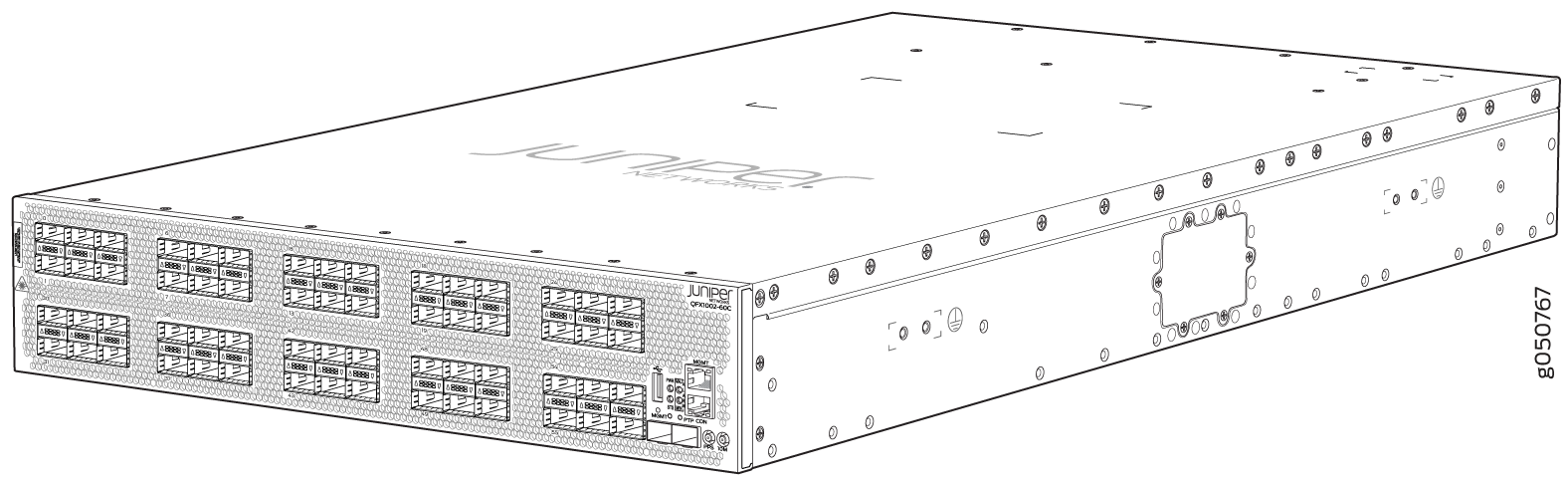 Juniper Networks QFX10002-60C switch with multiple network ports for high-speed data transmission in data centers.