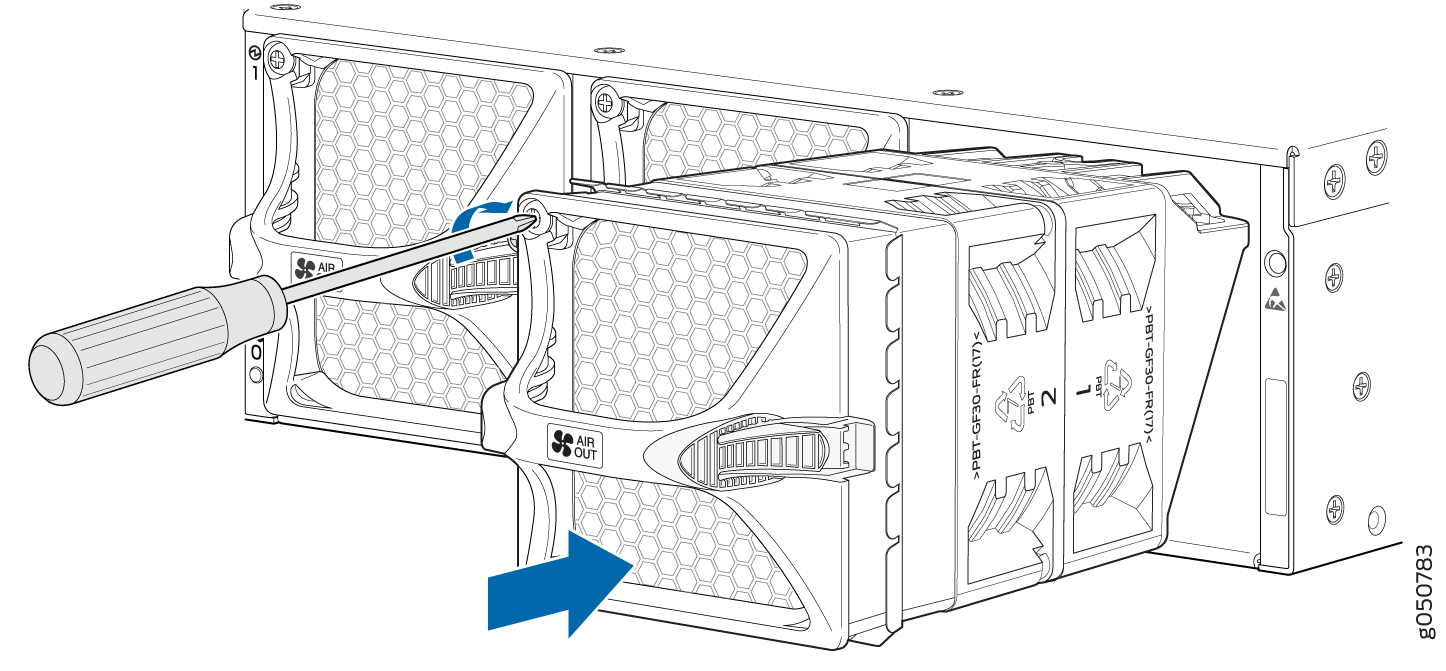 Server fan module removal with AIR OUT label showing airflow direction. Screwdriver used to unlock module; arrow indicates removal.