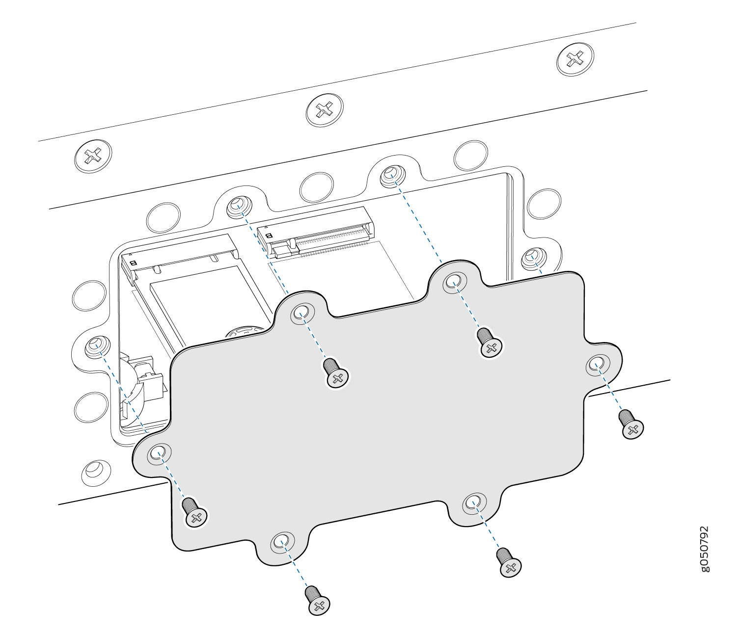 Cover plate installation or removal with screws over an electronic compartment containing a card slot.