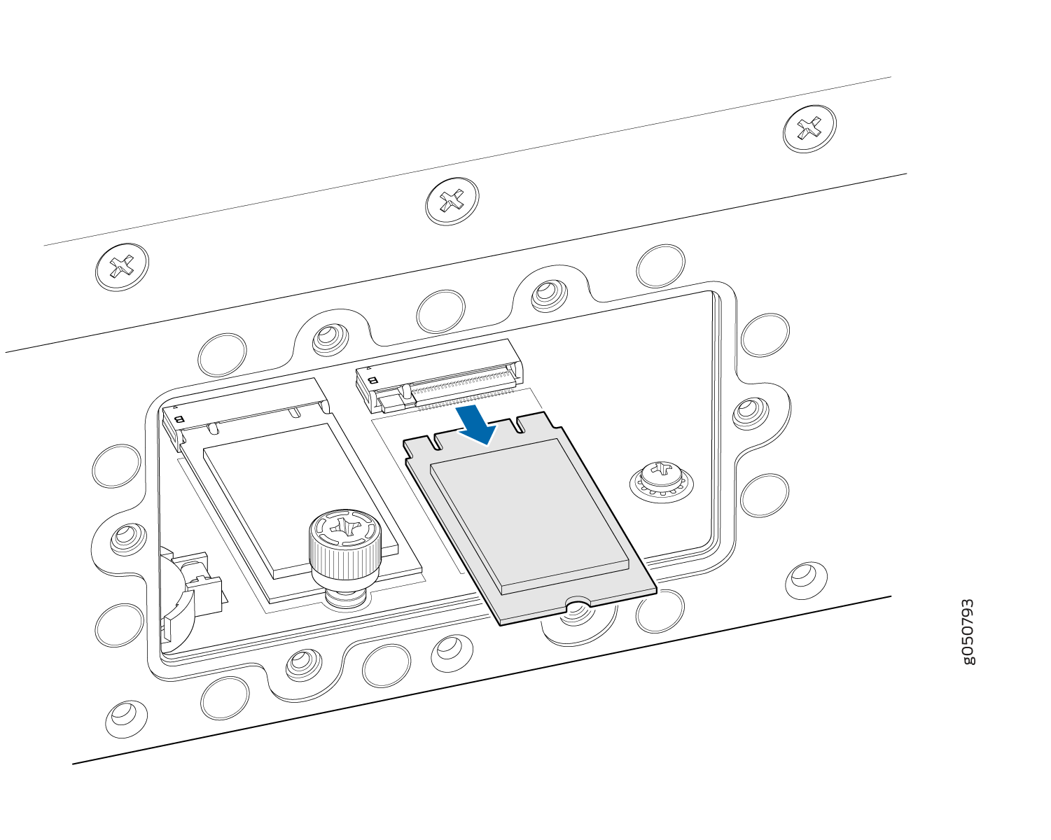 Illustration showing installation or removal of a component into a slot with screws and connectors, arrow indicating direction.