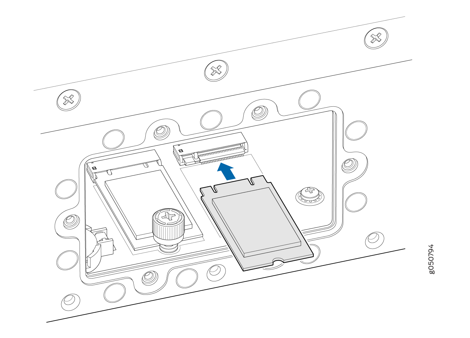 Inserting or removing a component with a blue arrow indicating direction in a device assembly with screws.