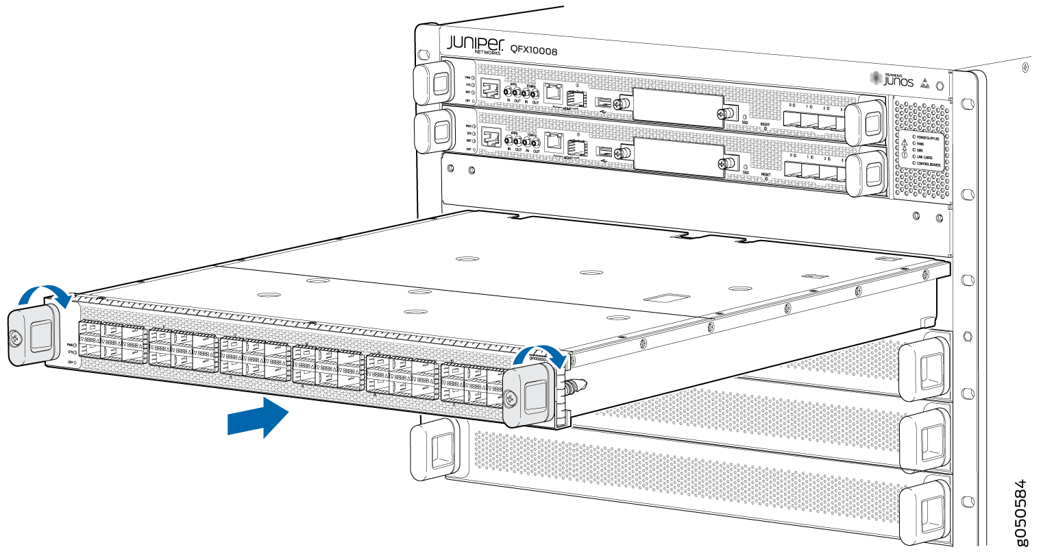 Inserting a Line Card into the Slot and Rotating the Handles