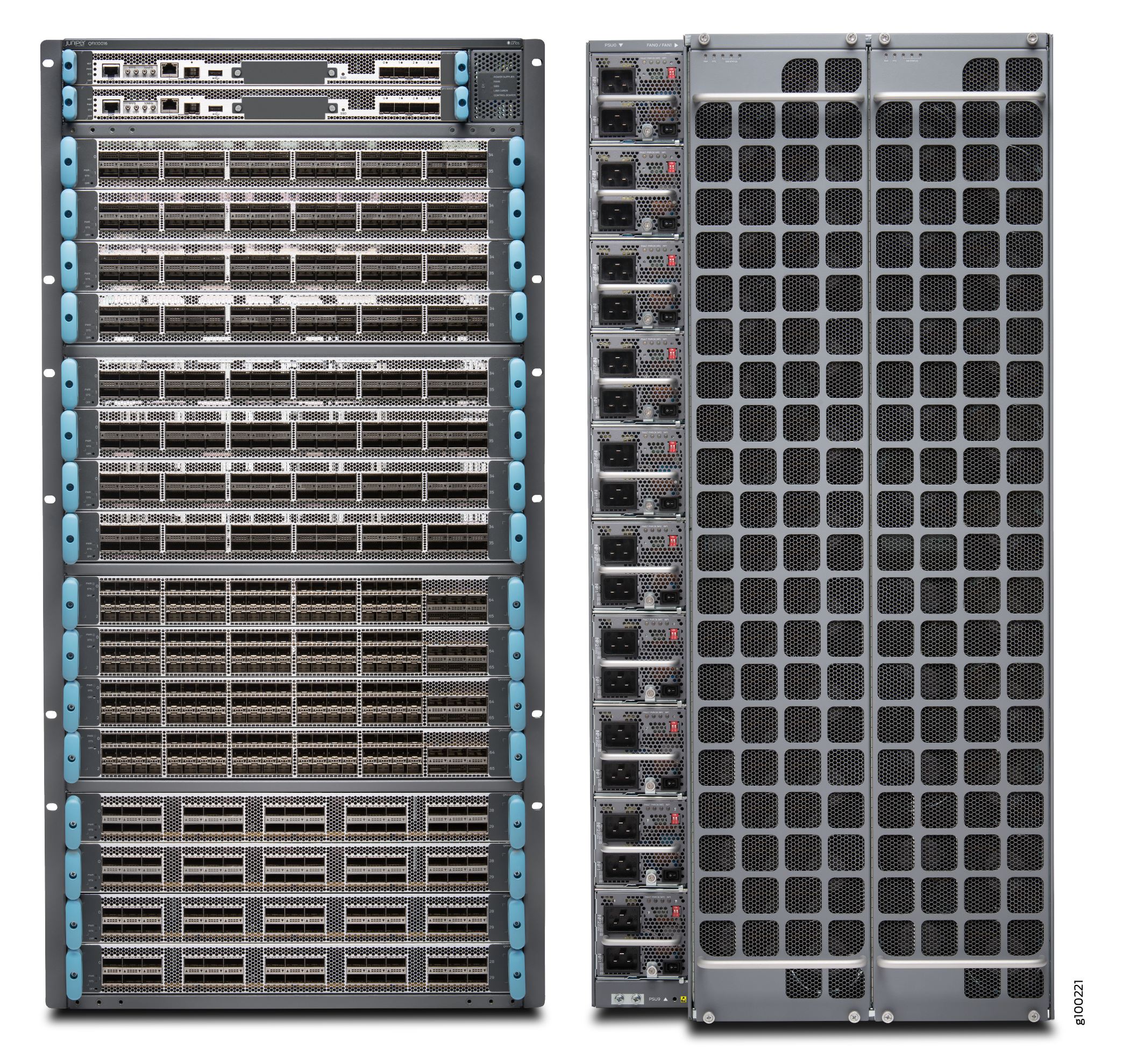 High-performance network switch with front ports for Ethernet connections and rear power supplies and cooling systems.