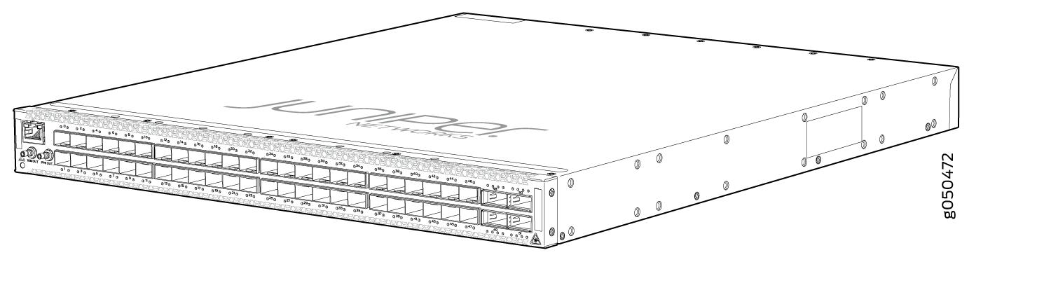 Juniper Networks rack-mountable network switch with front panel ports for Ethernet or fiber optic cables and indicators for monitoring.