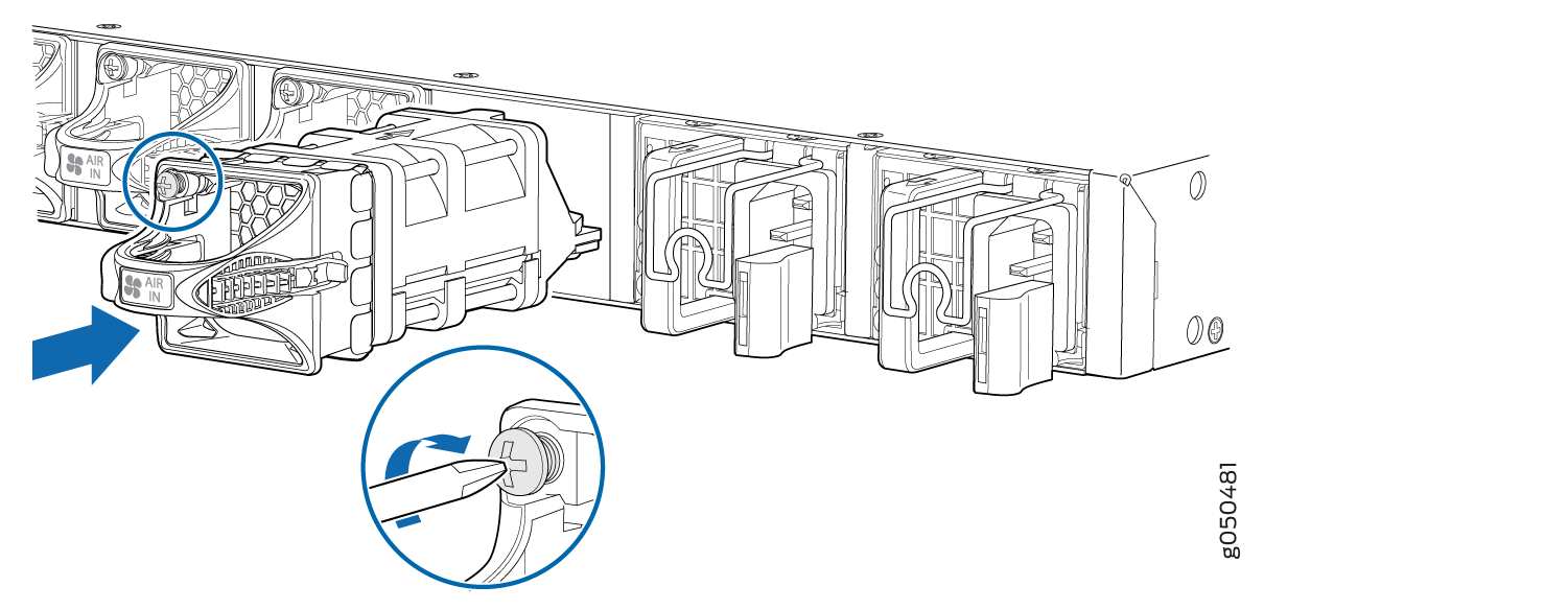 Removing a server module labeled AIR IN from a rack with a screwdriver adjusting a fastener for airflow direction.