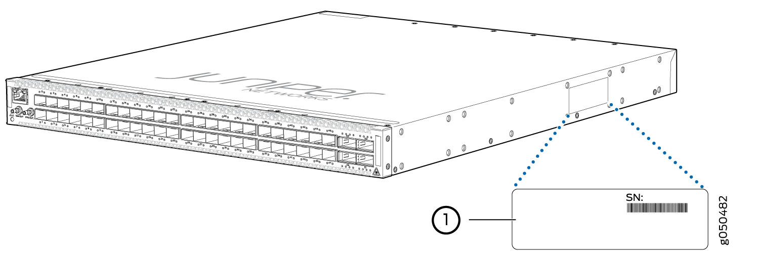 Juniper Networks rack-mountable switch with front panel network ports and serial number label for identification.