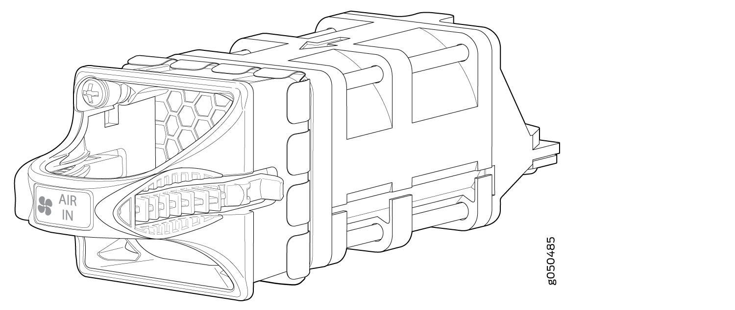 Technical schematic of an air intake component with AIR IN label, fan icon, honeycomb patterns, and a locking mechanism.