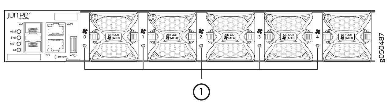 Rear view of Juniper Networks device with management ports, indicator LEDs, reset button, and five cooling fans labeled AIR OUT.