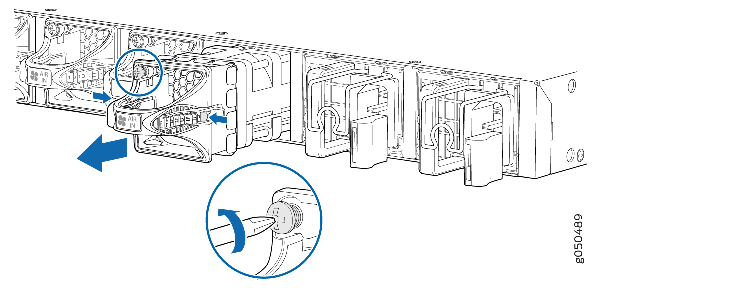Technical illustration of server cooling fan removal or installation process with airflow direction labeled AIR IN and blue arrows indicating steps.