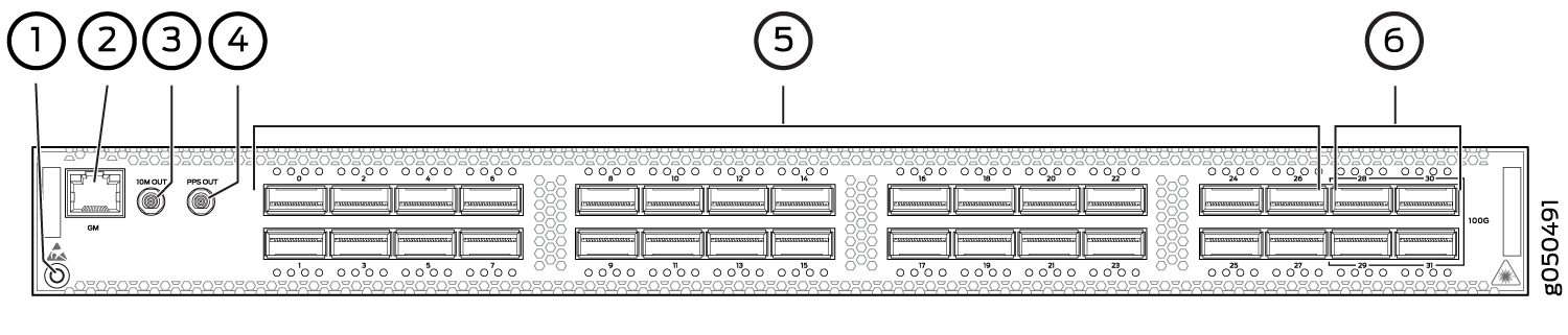 Diagram of a network switch front panel showing Power Input, GM, 10M OUT, PPS OUT, Network Ports, and 100G sections for high-speed networking and time synchronization.