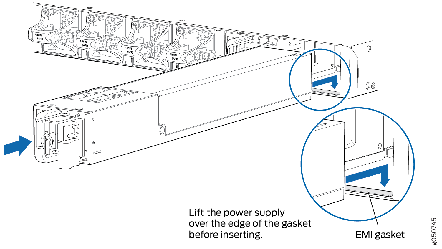 Diagram of installing a power supply into a server, showing it lifted over an EMI gasket, with blue arrows indicating the insertion direction.