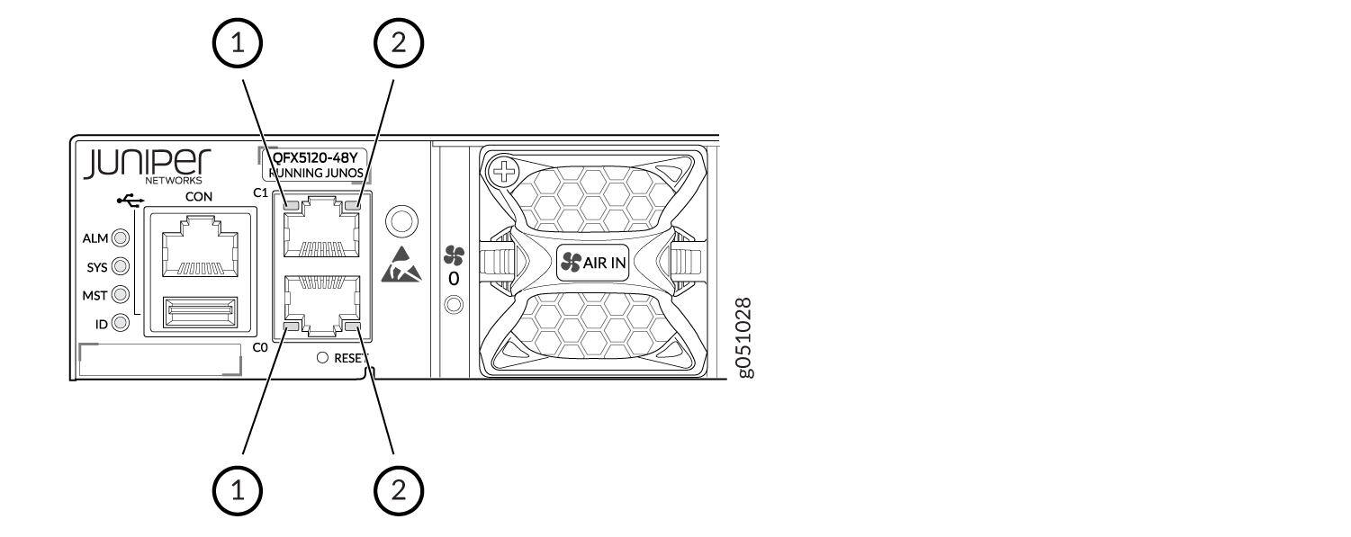 Diagram of Juniper Networks QFX5120-48Y switch front panel with console port, network ports C1 and C0, status lights ALM, SYS, MST, ID, reset button, and AIR IN airflow direction.