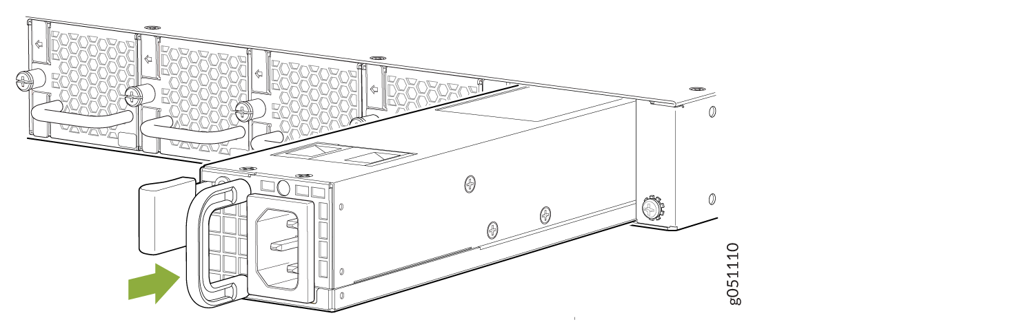 Removing power supply unit from server chassis with green arrow indicating direction left.