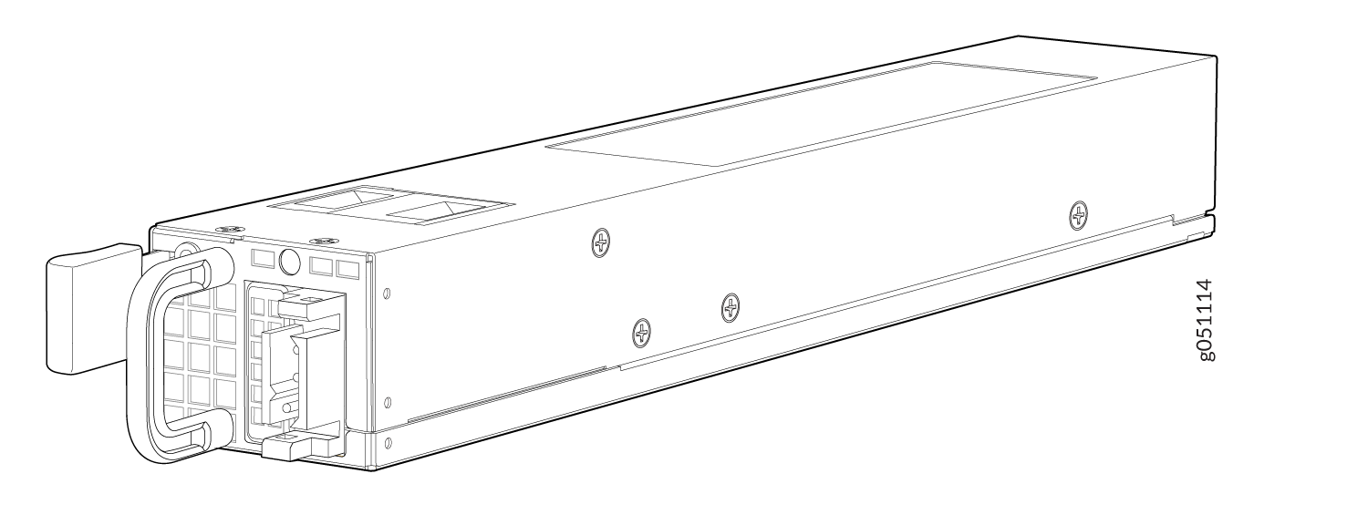 Line drawing of a hot-swappable server power supply unit with handle, connector interface, and securing screws.