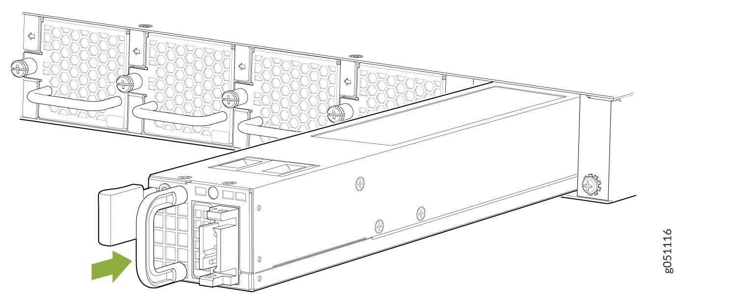 Power supply unit being inserted or removed from server chassis with a handle and green arrow indicating direction.
