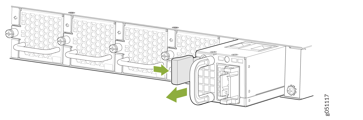 Power supply unit being inserted or removed from a server chassis with green arrows indicating movement direction.