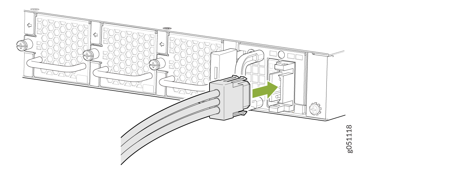 Power cable being connected to a server power supply unit with green arrow indicating insertion direction.