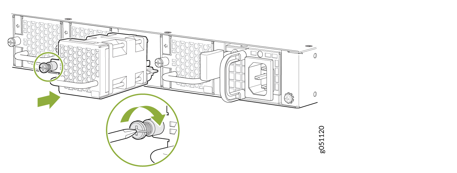 Back of server with two removable power supply units, showing power cable connection secured by screw or latch, indicated by green arrows.