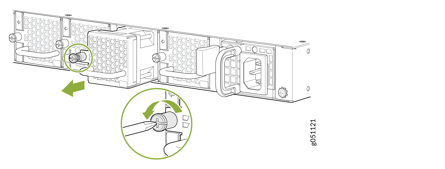 Back panel of server showing power supply unit installation with green arrows indicating screw or latch turning. Inset shows close-up of securing or releasing action.