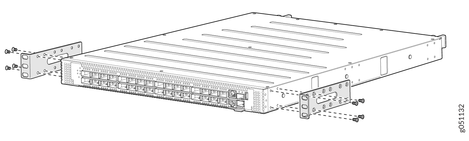 Network switch with mounting brackets being secured for server rack installation.