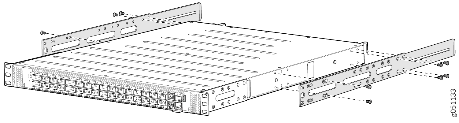 Network switch with rack mount brackets and screws for secure installation in a server rack, used in data centers.