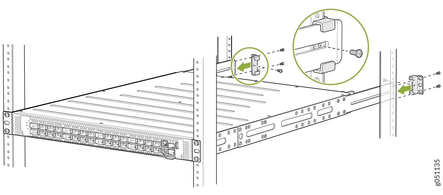 Installing a 1U network device into a server rack with mounting brackets and screws.